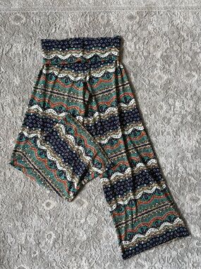 White Mark Boho Chevron Print Wide-Leg Pants Yoga Flowy Fold over Medium Lounge